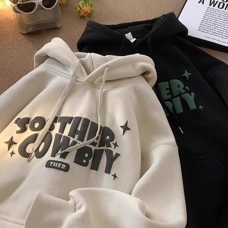 Letter plus velvet sweatshirt men's American fashion brand youth loose casual heavy hoodie jacket