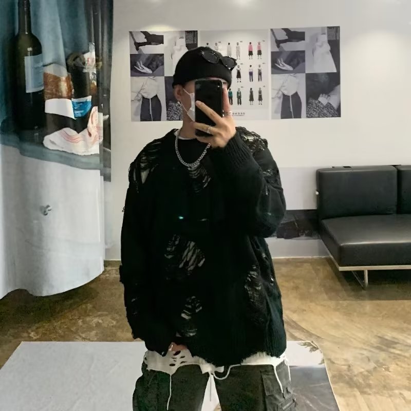 Fake two pieces of sweaters men's winter ripped hollow tide tide brand double -sided wearing knitwear lazy wind jacket high -level sense