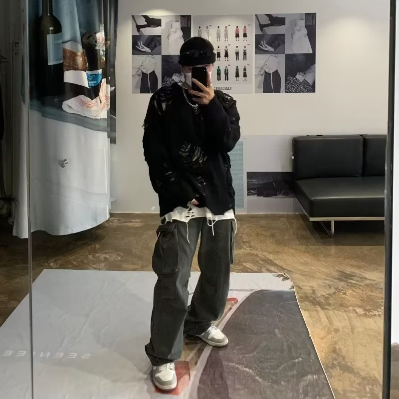 Fake two pieces of sweaters men's winter ripped hollow tide tide brand double -sided wearing knitwear lazy wind jacket high -level sense