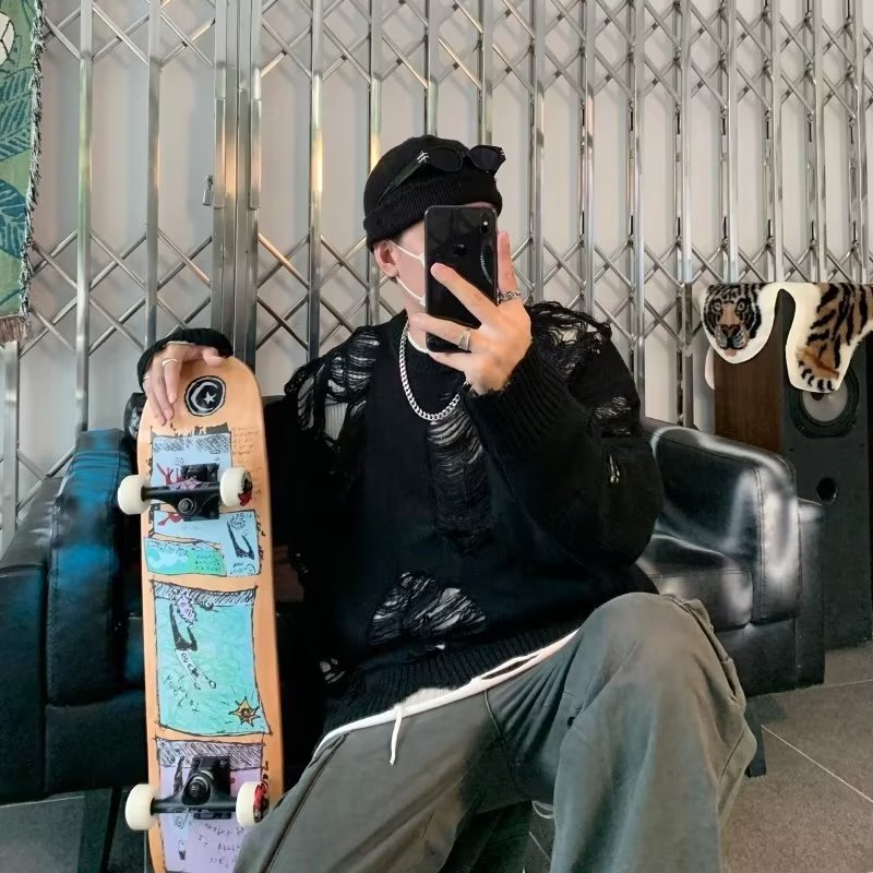 Fake two pieces of sweaters men's winter ripped hollow tide tide brand double -sided wearing knitwear lazy wind jacket high -level sense