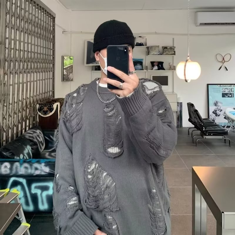 Fake two pieces of sweaters men's winter ripped hollow tide tide brand double -sided wearing knitwear lazy wind jacket high -level sense