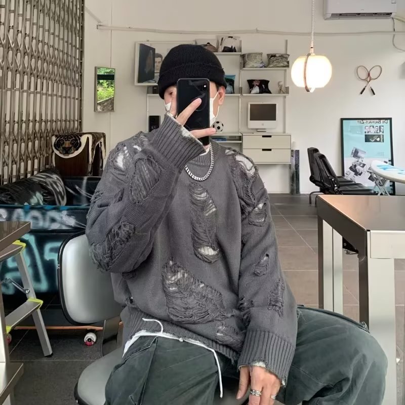 Fake two pieces of sweaters men's winter ripped hollow tide tide brand double -sided wearing knitwear lazy wind jacket high -level sense