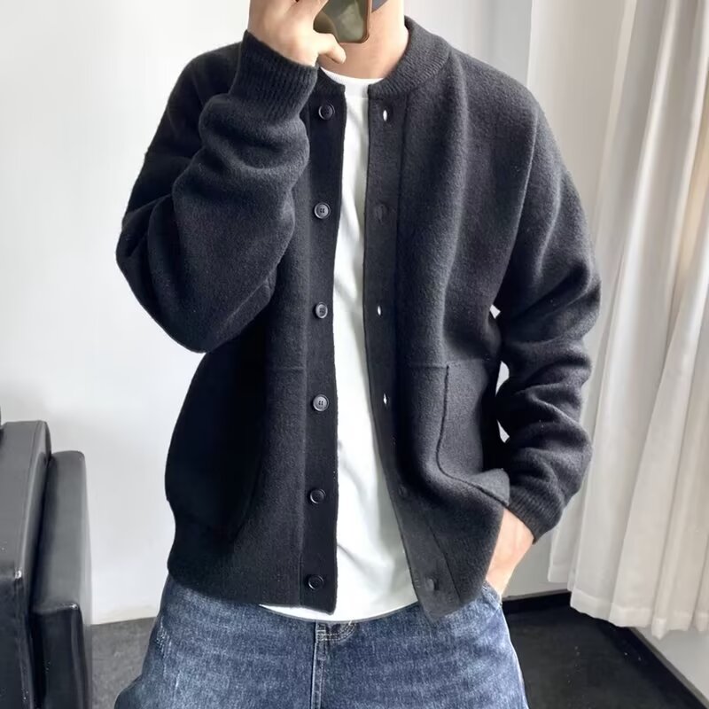 Autumn and winter new cardigan sweater for boys Korean fashion youth all-match casual solid color lazy style knitted jacket