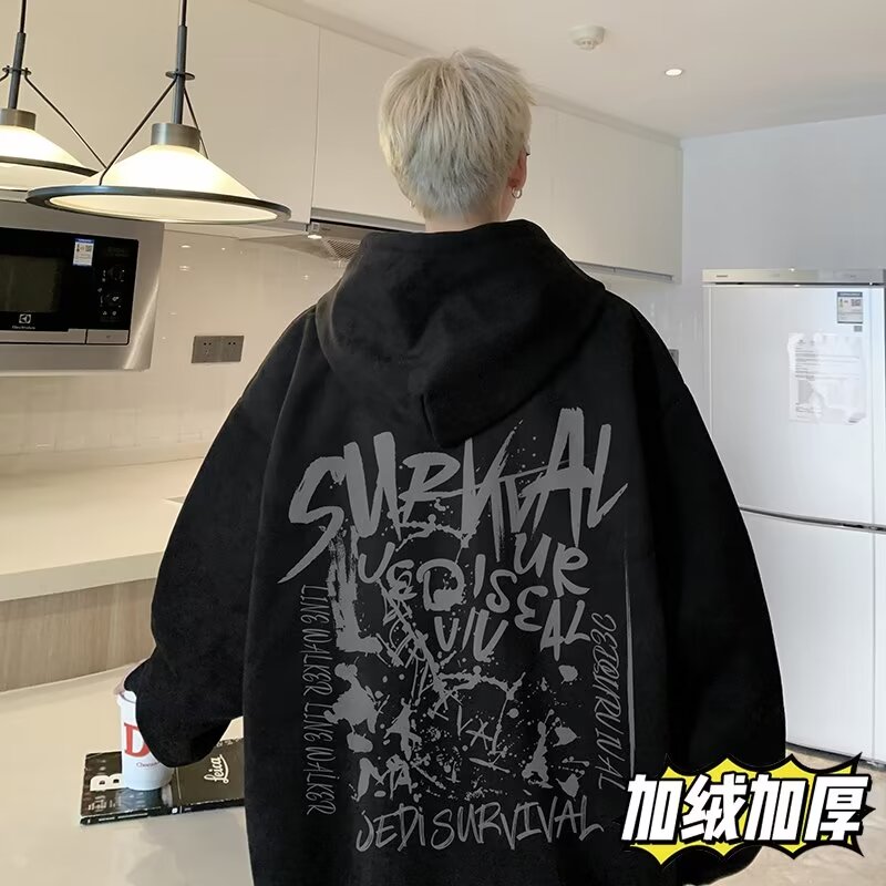 Fashionable velvet hooded sweatshirt for men in spring and autumn new heavyweight American high street fashion brand handsome top