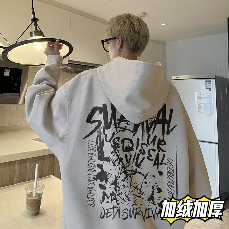 Fashionable velvet hooded sweatshirt for men in spring and autumn new heavyweight American high street fashion brand handsome top