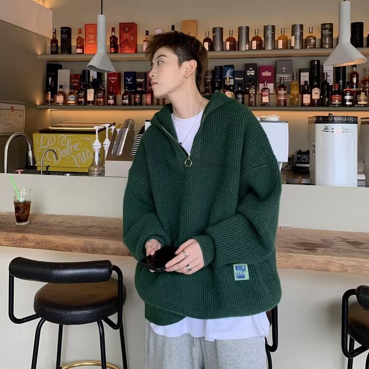 Half-zip hooded sweater for men in autumn and winter for couples loose trendy brand lazy style knitted sweater solid color simple casual sweater