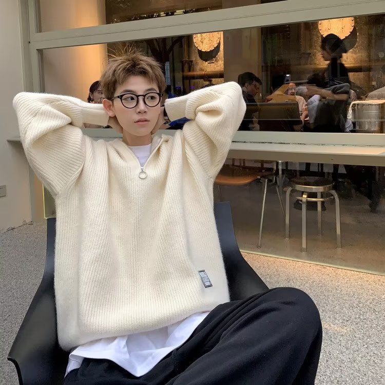 Half-zip hooded sweater for men in autumn and winter for couples loose trendy brand lazy style knitted sweater solid color simple casual sweater