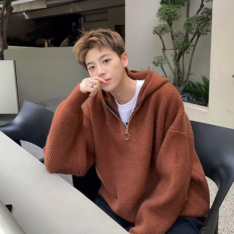Half-zip hooded sweater for men in autumn and winter for couples loose trendy brand lazy style knitted sweater solid color simple casual sweater