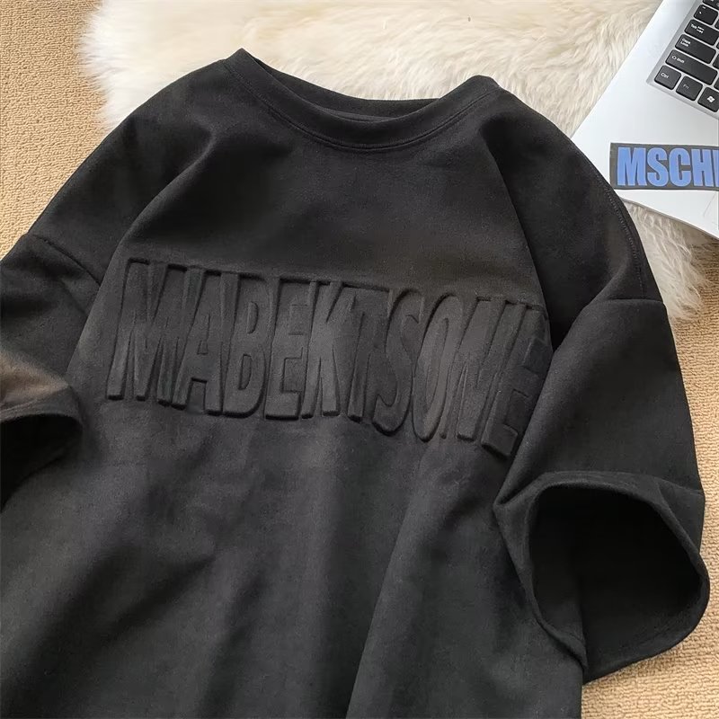American retro steel stamped letters suede short-sleeved T-shirt men's loose casual five-point round neck half-sleeved T-shirt thin