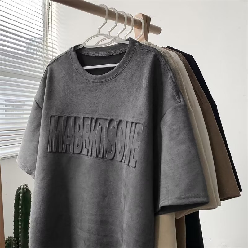 American retro steel stamped letters suede short-sleeved T-shirt men's loose casual five-point round neck half-sleeved T-shirt thin