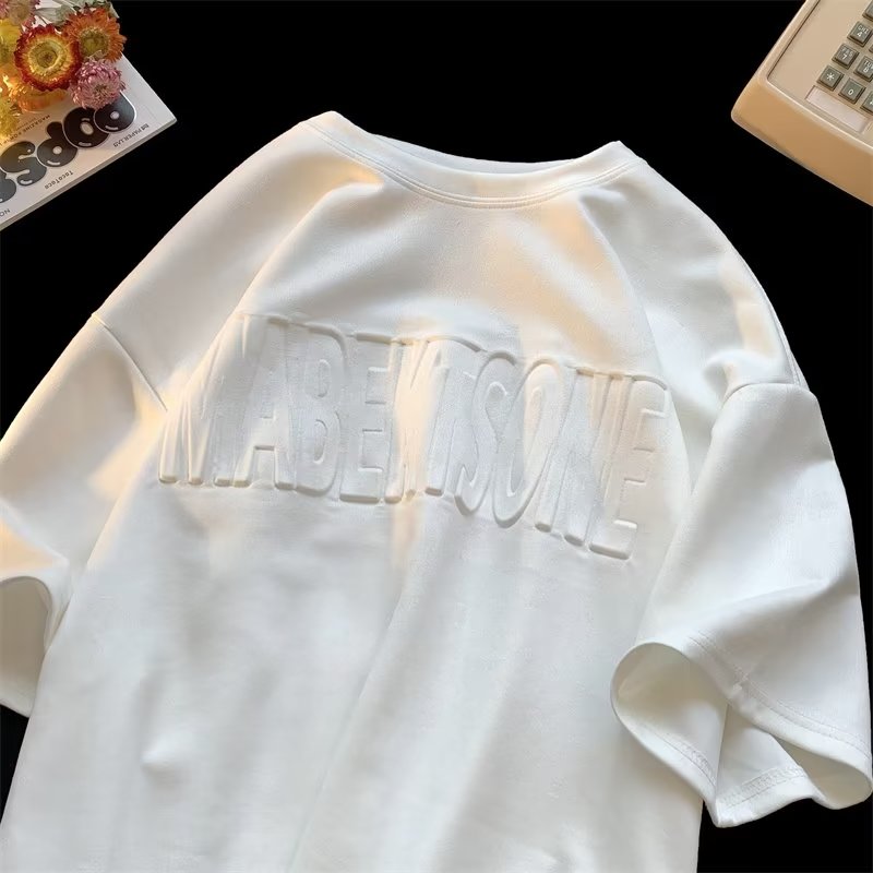 American retro steel stamped letters suede short-sleeved T-shirt men's loose casual five-point round neck half-sleeved T-shirt thin