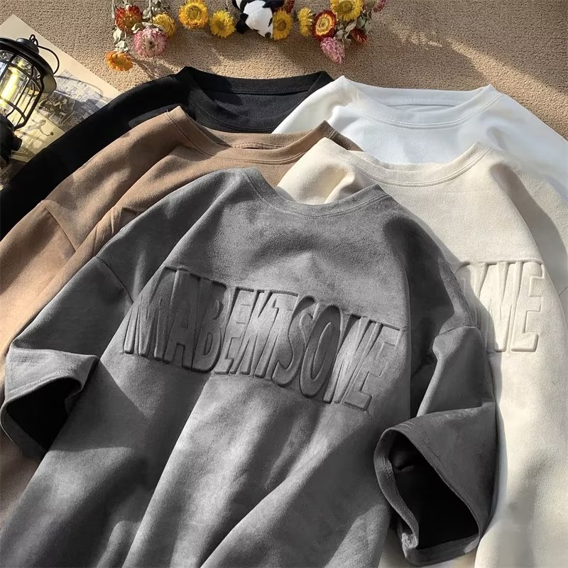 American retro steel stamped letters suede short-sleeved T-shirt men's loose casual five-point round neck half-sleeved T-shirt thin