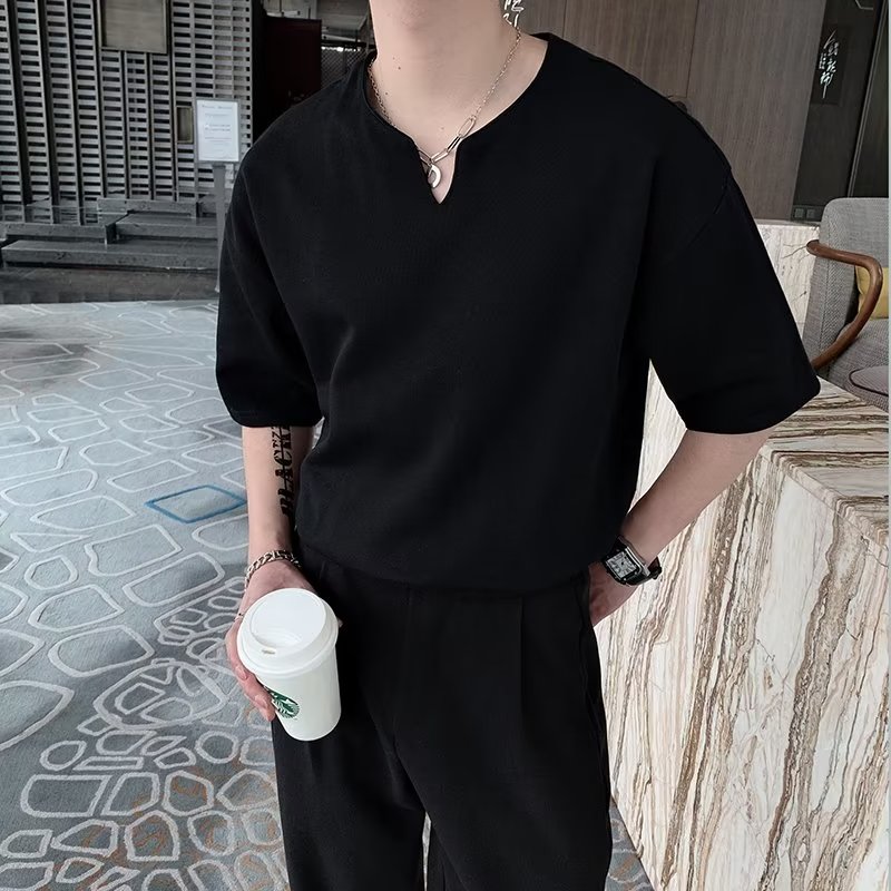 Standard short-sleeved trendy V-neck T-shirt zipper decoration city style and temperament summer men's fashion trendy brand youth trendy