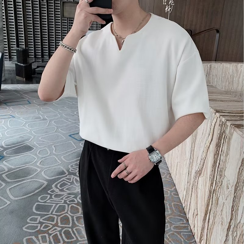 Standard short-sleeved trendy V-neck T-shirt zipper decoration city style and temperament summer men's fashion trendy brand youth trendy