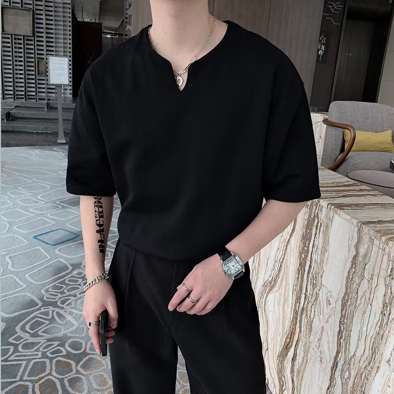 Standard short-sleeved trendy V-neck T-shirt zipper decoration city style and temperament summer men's fashion trendy brand youth trendy