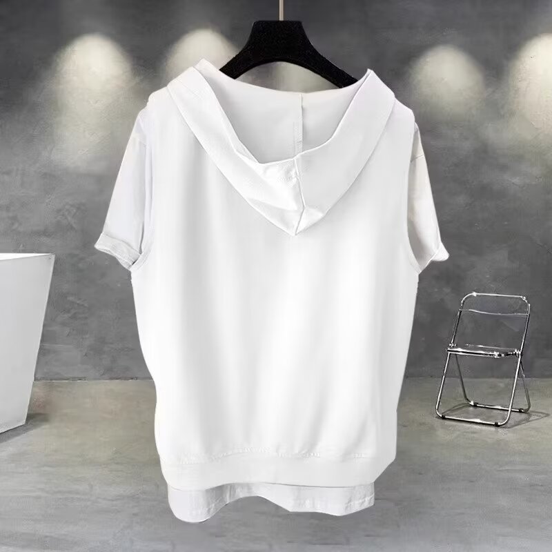 Fake two-piece zipper short-sleeved T-shirt men's summer Korean style trendy and versatile handsome hooded half-sleeved top trendy brand loose