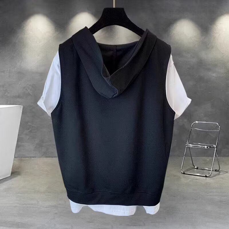 Fake two-piece zipper short-sleeved T-shirt men's summer Korean style trendy and versatile handsome hooded half-sleeved top trendy brand loose
