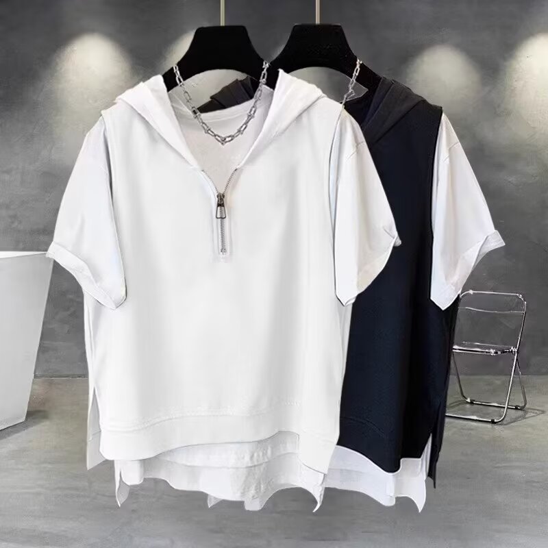 Fake two-piece zipper short-sleeved T-shirt men's summer Korean style trendy and versatile handsome hooded half-sleeved top trendy brand loose