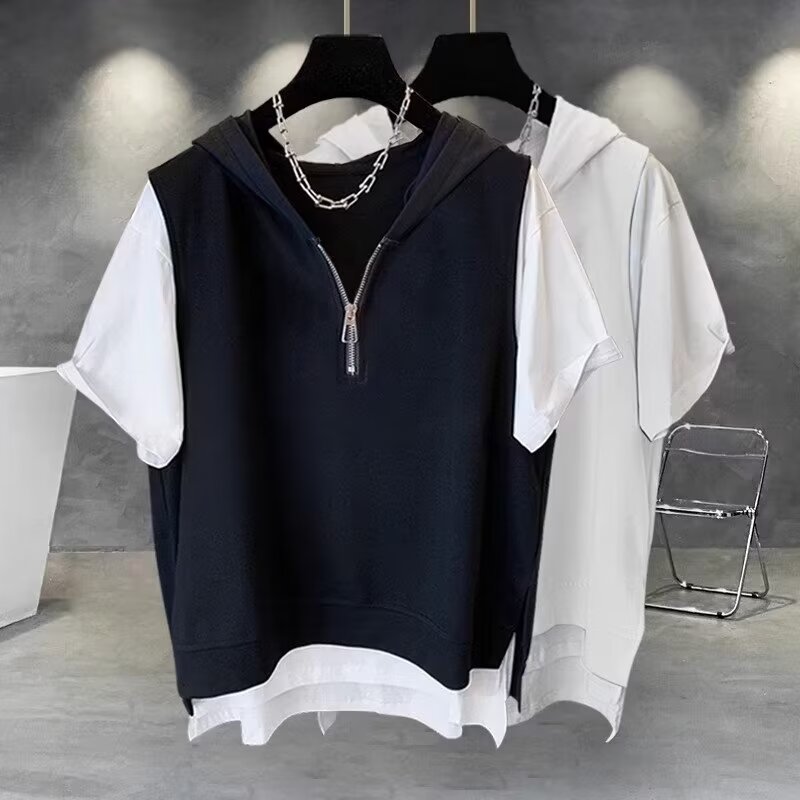 Fake two-piece zipper short-sleeved T-shirt men's summer Korean style trendy and versatile handsome hooded half-sleeved top trendy brand loose