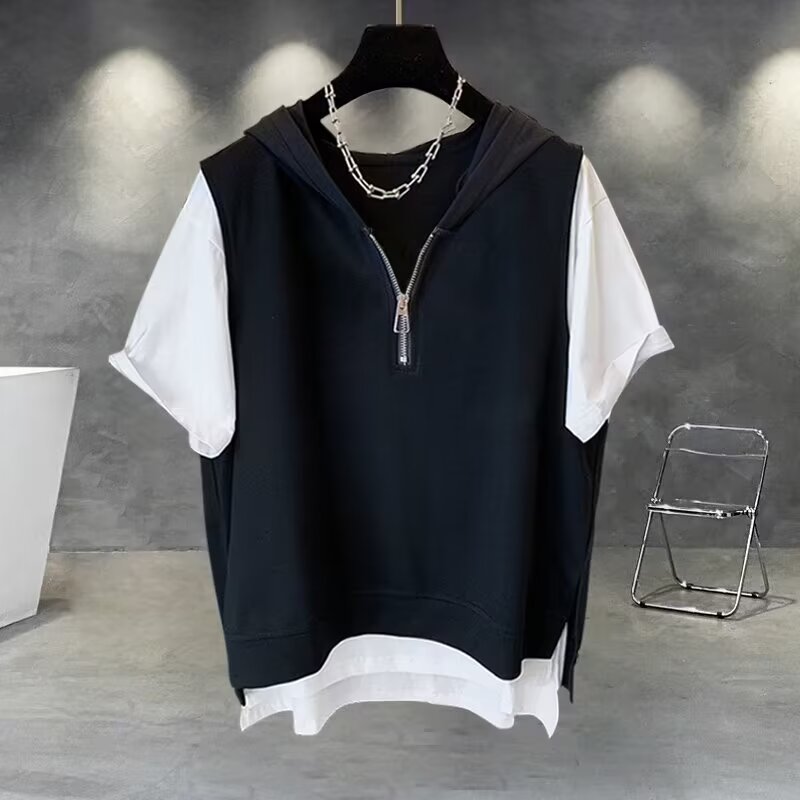 Fake two-piece zipper short-sleeved T-shirt men's summer Korean style trendy and versatile handsome hooded half-sleeved top trendy brand loose