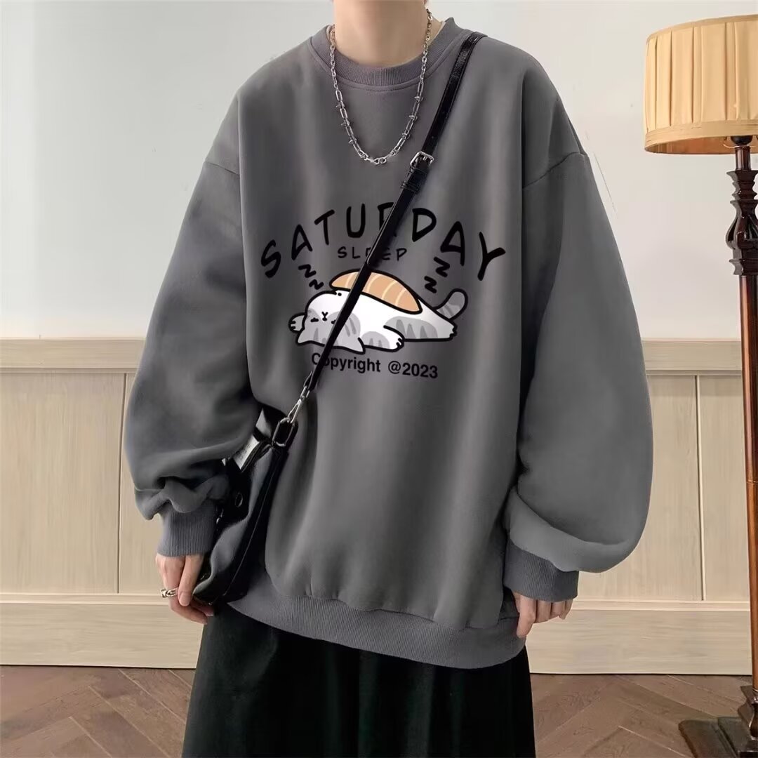 Round neck sweatshirt men's autumn and winter new Korean version loose and fashionable age-reducing printing plus velvet thick top trendy