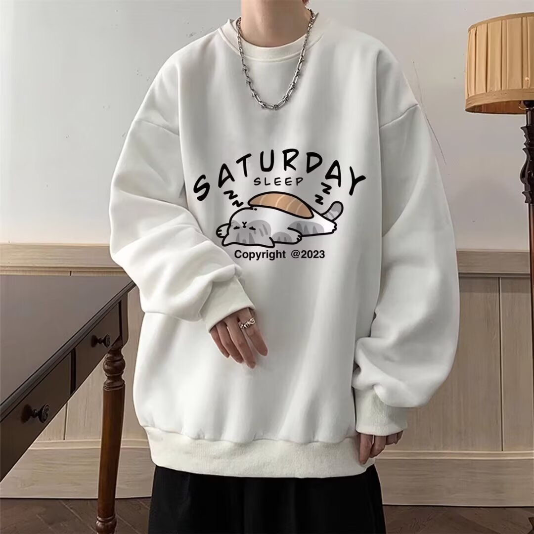 Round neck sweatshirt men's autumn and winter new Korean version loose and fashionable age-reducing printing plus velvet thick top trendy