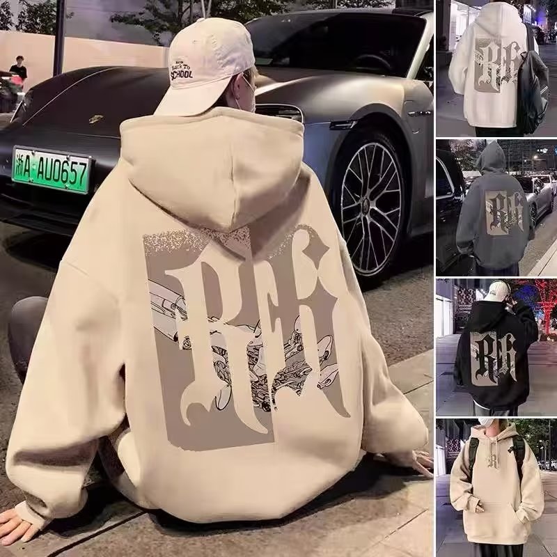 Hooded sweatshirt for men's spring and autumn new loose large size American heavyweight plus-velvet fashion brand hooded pullover jacket