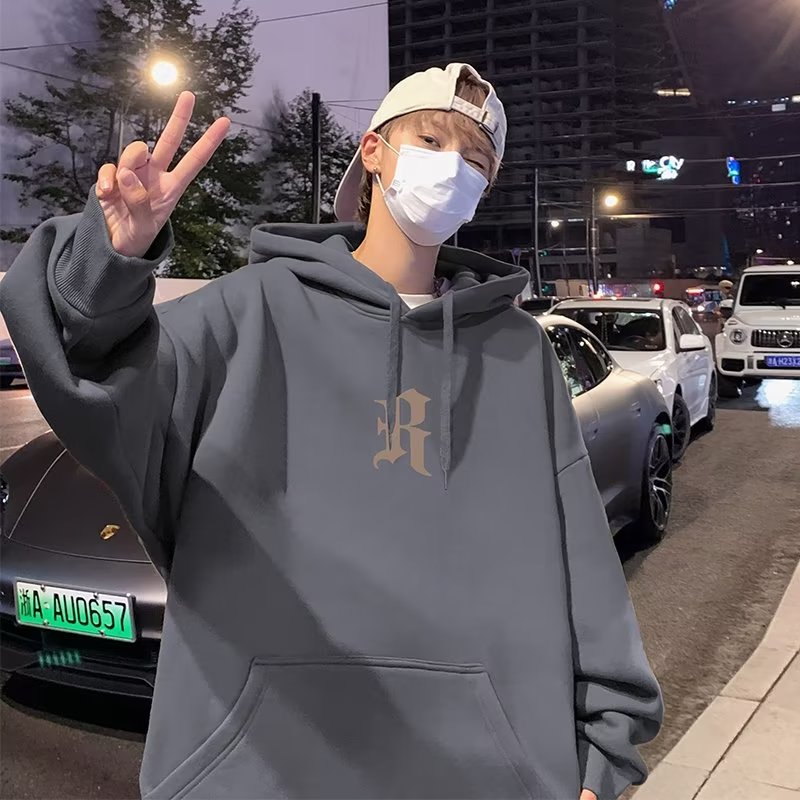 Hooded sweatshirt for men's spring and autumn new loose large size American heavyweight plus-velvet fashion brand hooded pullover jacket