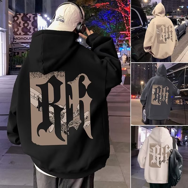 Hooded sweatshirt for men's spring and autumn new loose large size American heavyweight plus-velvet fashion brand hooded pullover jacket