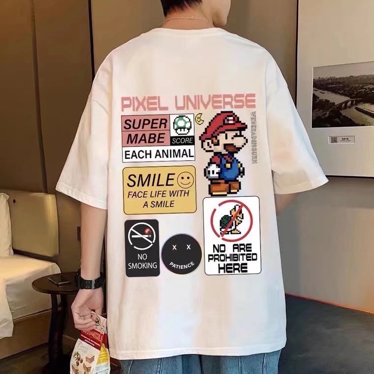 Men's fashion trendy T-shirt round neck loose cartoon animation five-point sleeve urban style youthful summer trend