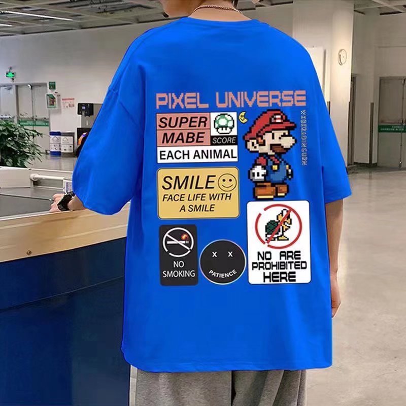 Men's fashion trendy T-shirt round neck loose cartoon animation five-point sleeve urban style youthful summer trend