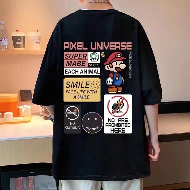 Men's fashion trendy T-shirt round neck loose cartoon animation five-point sleeve urban style youthful summer trend