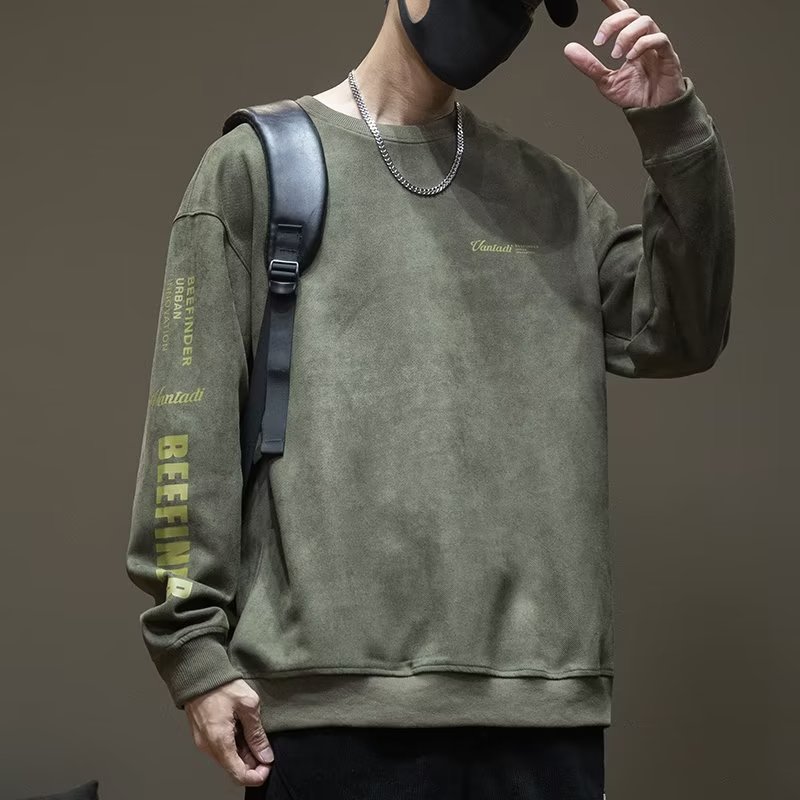 Suede sweatshirt men's spring and autumn heavy loose large size inner wear men's round neck long-sleeved bottoming shirt