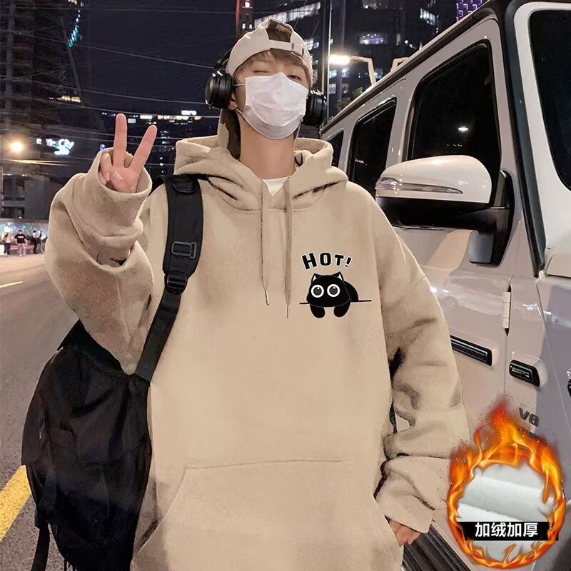 Harajuku simple new ins temperament versatile trendy heavy pure cotton plus velvet thickened hooded sweatshirt for men in autumn and winter