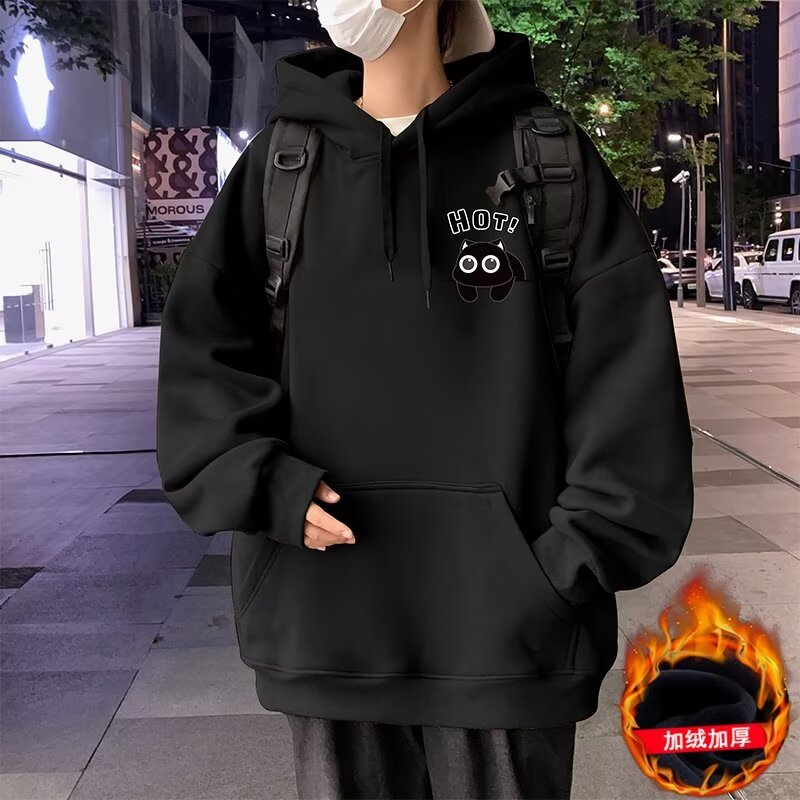Harajuku simple new ins temperament versatile trendy heavy pure cotton plus velvet thickened hooded sweatshirt for men in autumn and winter