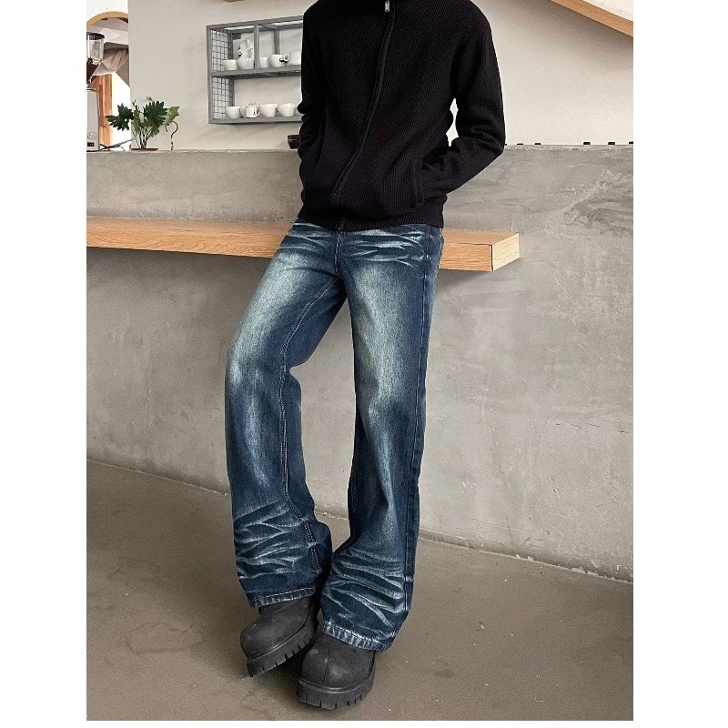 American high street cat whisker wash basic jeans men and women niche design couple retro straight trousers trendy