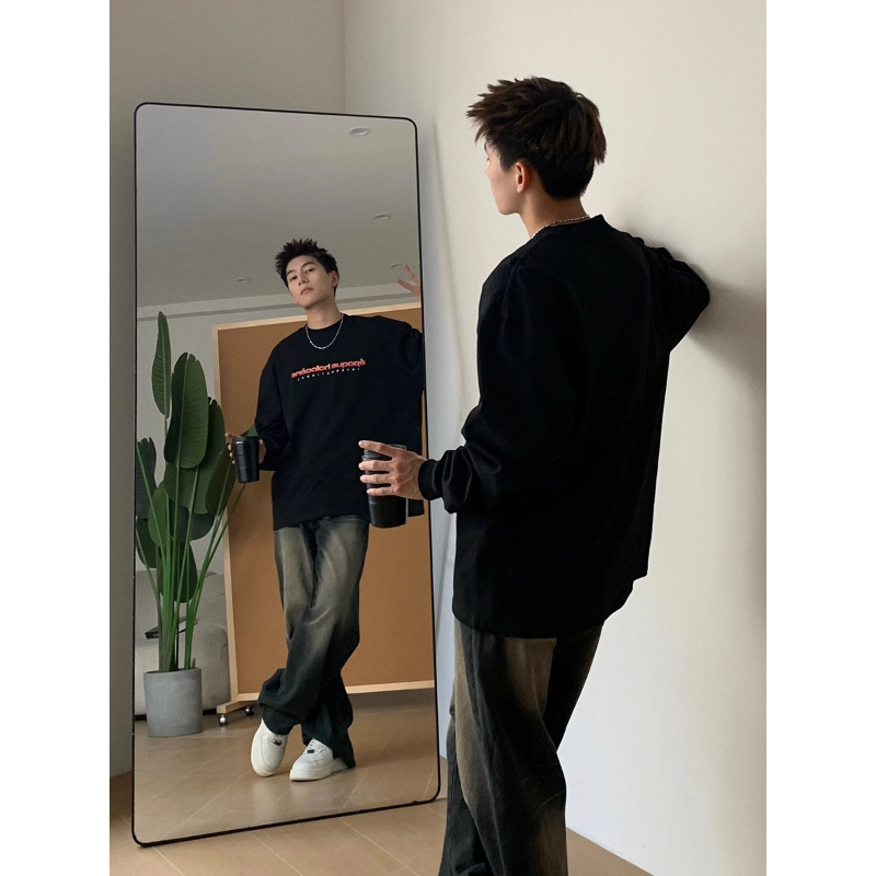 American trendy brand and national trend original street long-sleeved T-shirt for boys with letter printing basic base cotton couple tops