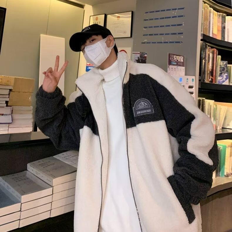 New winter season thickened color-blocking casual cotton jacket trendy brand casual versatile Harajuku style jacket couple style