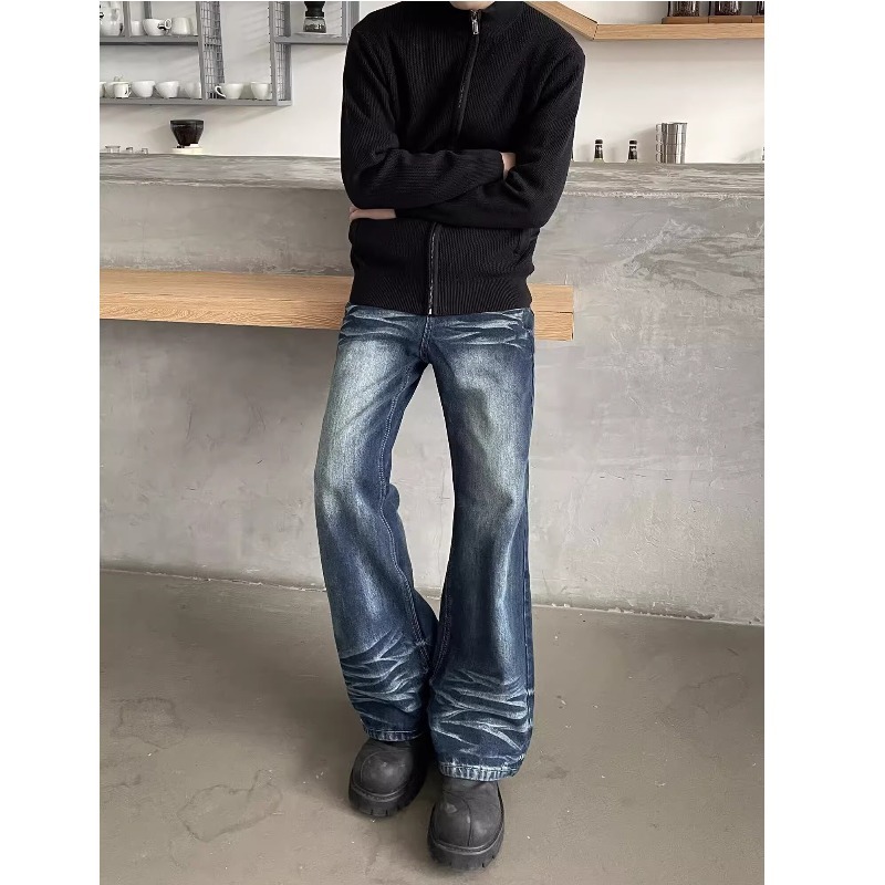 American high street cat whisker wash basic jeans men and women niche design couple retro straight trousers trendy