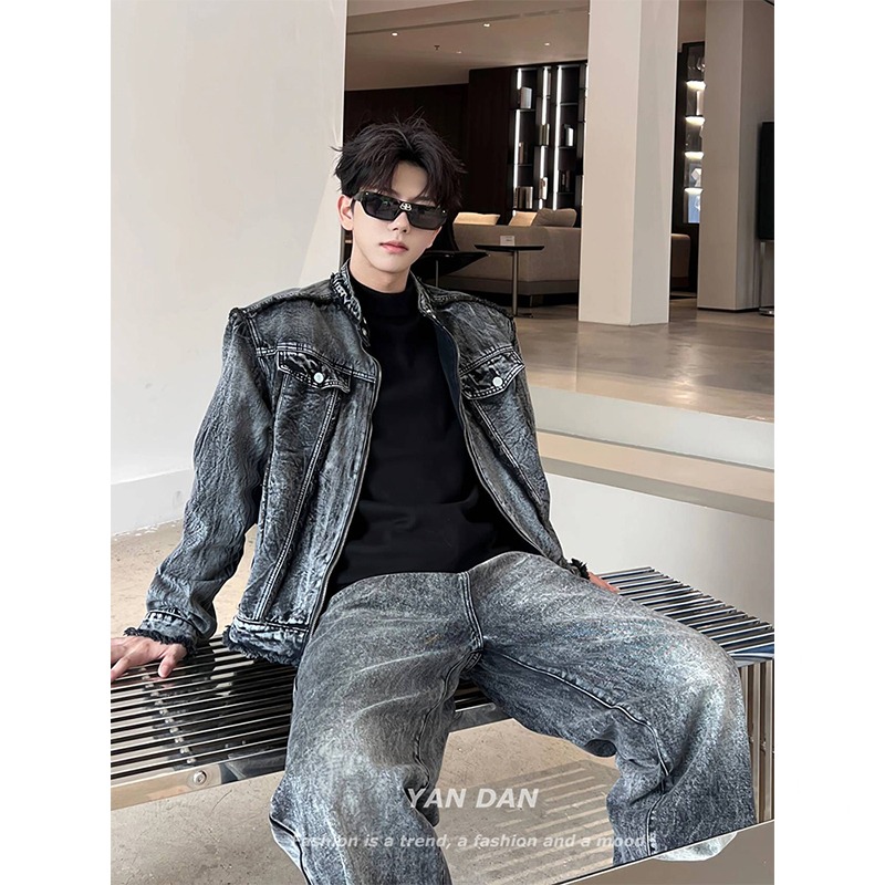 American retro old breasted black denim jacket high-end vintage motorcycle suit denim jacket men