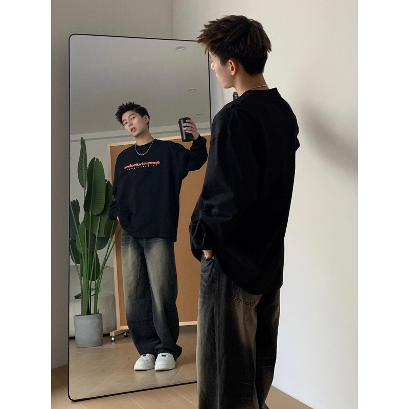 American trendy brand and national trend original street long-sleeved T-shirt for boys with letter printing basic base cotton couple tops