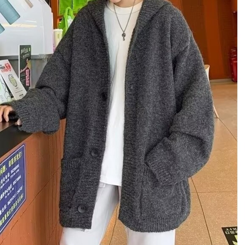 Hooded cardigan sweater men's autumn and winter lazy style loose casual knitted jacket top