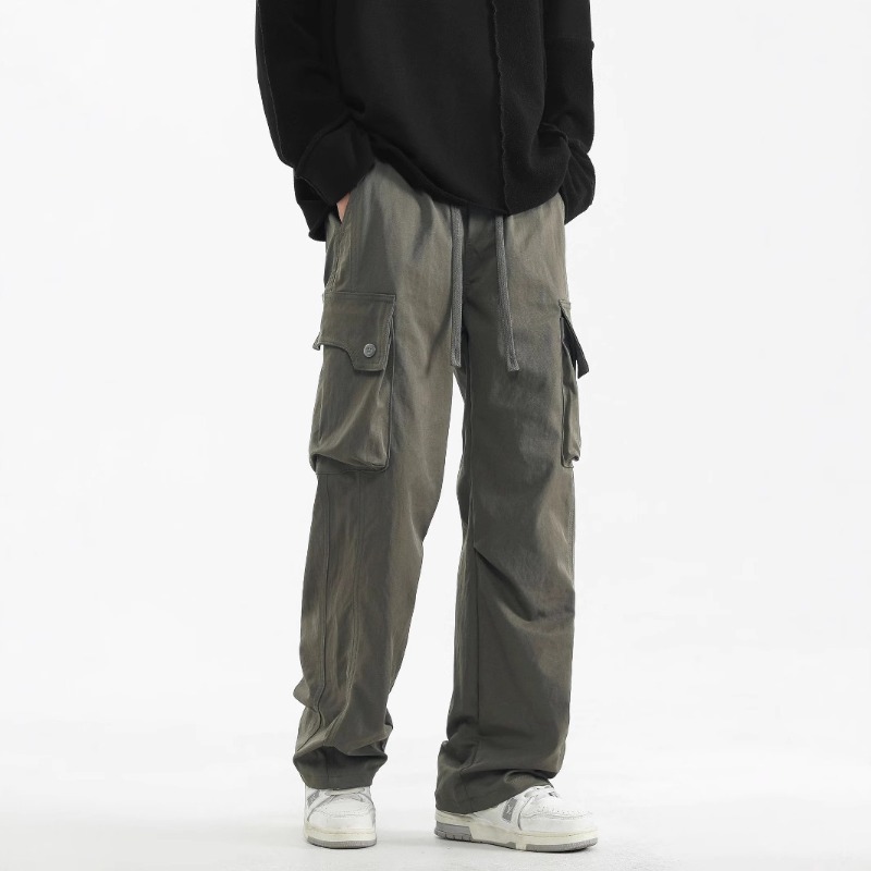 Men's spring American pleated design straight overalls women's retro all-match loose drawstring wide-leg casual pants