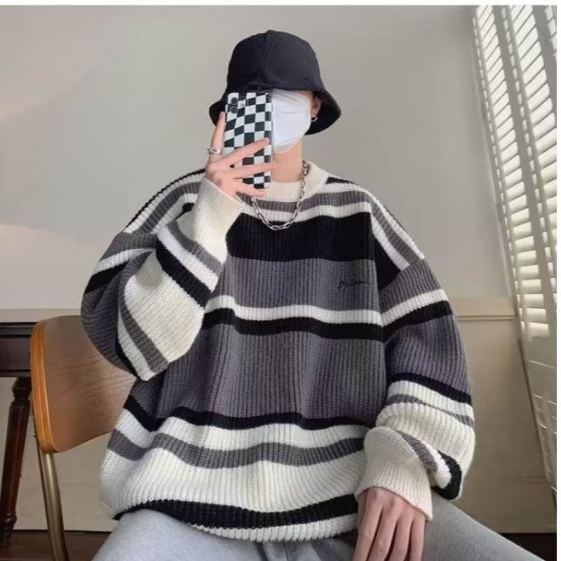 Sweater men's Japanese retro striped contrasting color bottoming sweater autumn and winter trendy brand loose sweater jacket