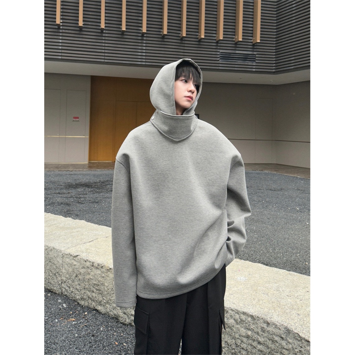 Heavy, thick, high-end design, stand-up collar, space cotton hooded sweatshirt for men, solid color, loose and versatile, trendy casual tops