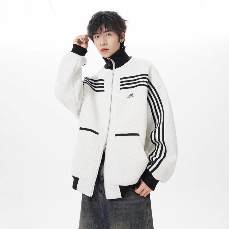 American striped contrasting color outdoor jacket men's autumn high street trendy brand retro jacket niche loose casual stand-up collar top