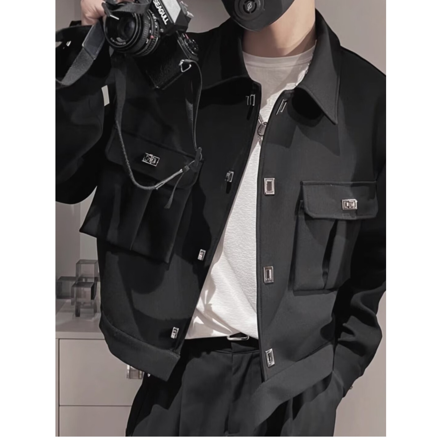 Teenagers short outer wear regular trendy lapel solid color daily jacket spring and autumn niche design metal buttons