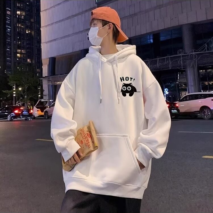 Harajuku simple new ins temperament versatile trendy heavy pure cotton plus velvet thickened hooded sweatshirt for men in autumn and winter