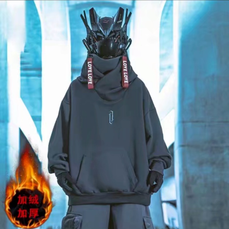 Hooded sweatshirt men's winter velvet turtleneck loose embroidered high street style hip-hop retro Hong Kong style jacket