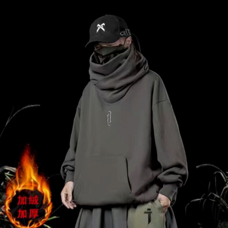 Hooded sweatshirt men's winter velvet turtleneck loose embroidered high street style hip-hop retro Hong Kong style jacket